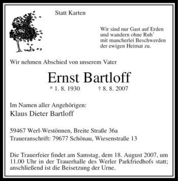 Traueranzeige von Ernst Bartloff