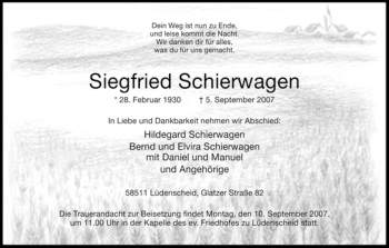 Traueranzeige von Siegfried Schierwagen