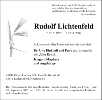 Traueranzeige von Rudolf Lichtenfeld