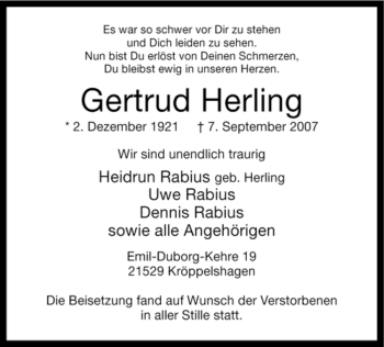Traueranzeige von Gertrud Herling