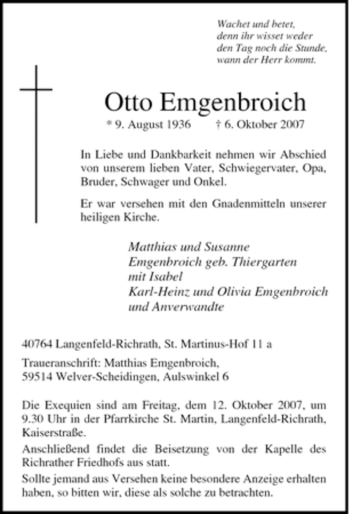 Traueranzeige von Otto Emgenbroich