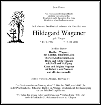 Traueranzeige von Hildegard Wagener
