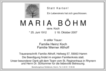 Traueranzeige von Maria Böhm