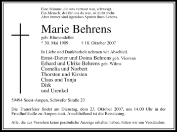 Traueranzeige von Marie Behrens