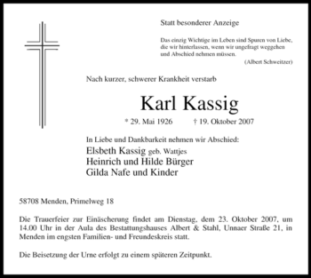 Traueranzeige von Karl Kassig