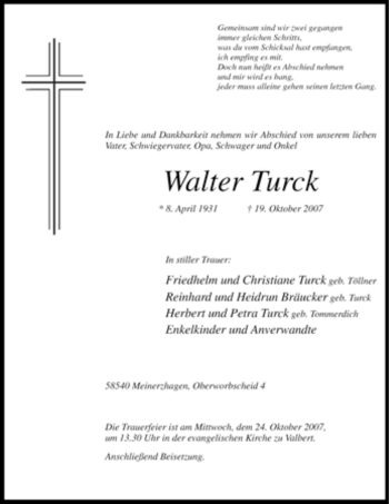 Traueranzeige von Walter Turck
