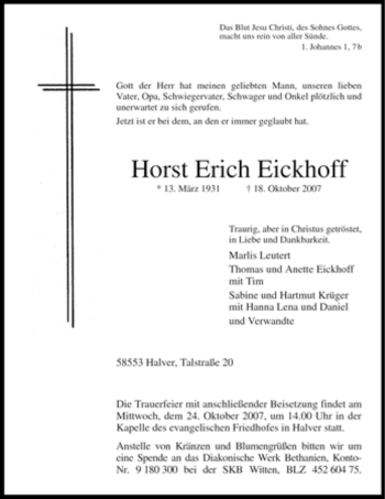 Traueranzeige von Horst Erich Eickhoff
