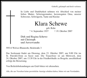 Traueranzeige von Klara Schewe