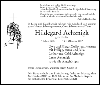 Traueranzeige von Hildegard Achznigk