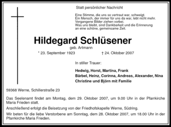 Traueranzeige von Hildegard Schlüsener