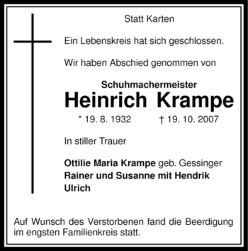 Traueranzeige von Heinrich Krampe