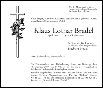 Traueranzeige von Klaus Lothar Bradel