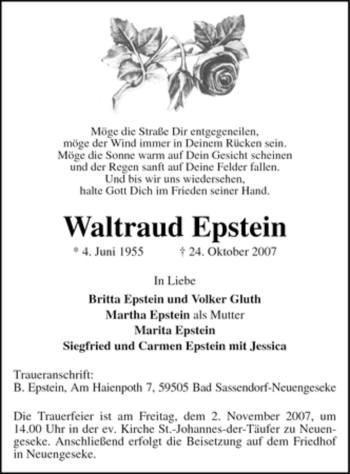Traueranzeige von Waltraud Epstein
