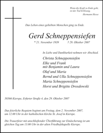 Traueranzeige von Gerd Schneppensiefen