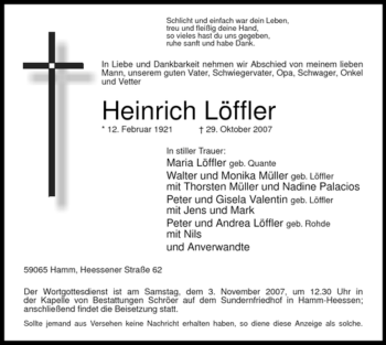 Traueranzeige von Heinrich Löffler