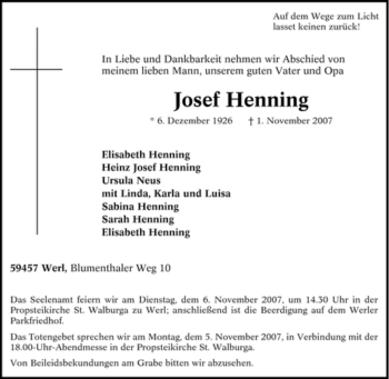 Traueranzeige von Josef Henning