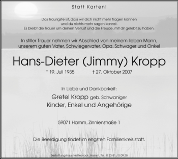 Traueranzeige von Hans-Dieter Kropp