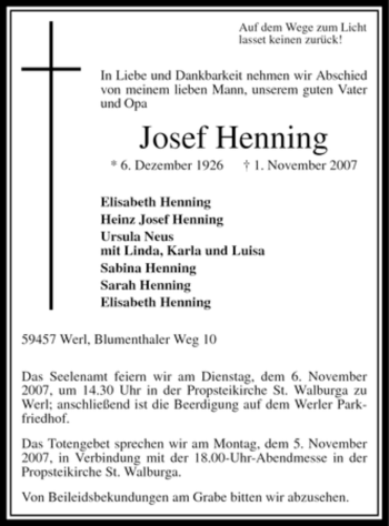Traueranzeige von Josef Henning