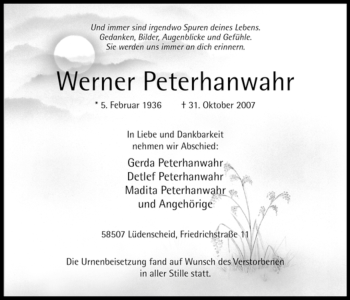 Traueranzeige von Werner Peterhanwahr