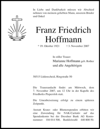 Traueranzeige von Franz Friedrich Hoffmann