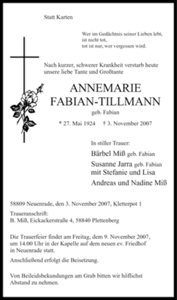 Traueranzeige von Annemarie Fabian-Tillmann