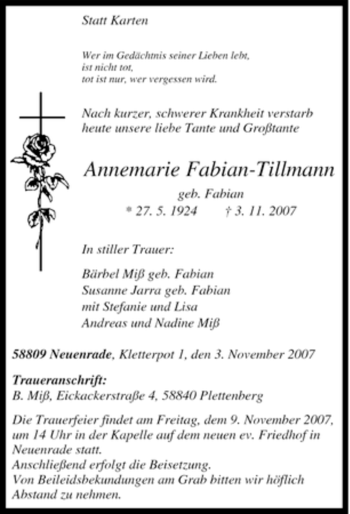 Traueranzeige von Annemarie Fabian-Tillmann
