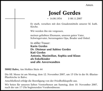 Traueranzeige von Josef Gerdes