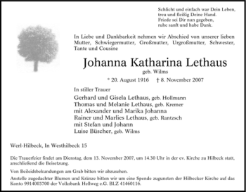 Traueranzeige von Johanna Katharina Lethaus