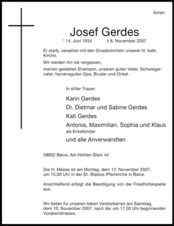 Traueranzeige von Josef Gerdes