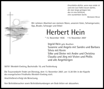 Traueranzeige von Herbert Hein