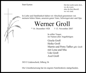 Traueranzeige von Werner Groll