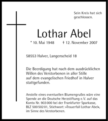 Traueranzeige von Lothar Abel