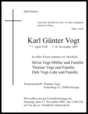 Traueranzeige von Karl Günter Vogt