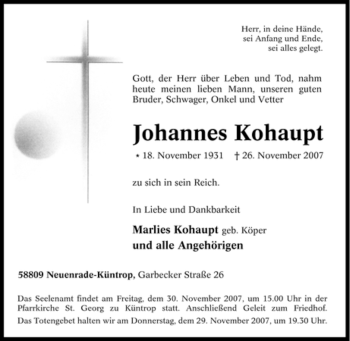 Traueranzeige von Johannes Kohaupt