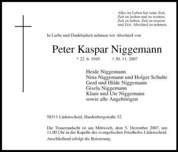 Traueranzeige von Peter Kaspar Niggemann