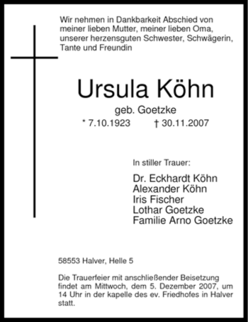 Traueranzeige von Ursula Ursula Köhn