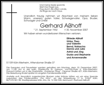 Traueranzeige von Gerhard Aßhoff