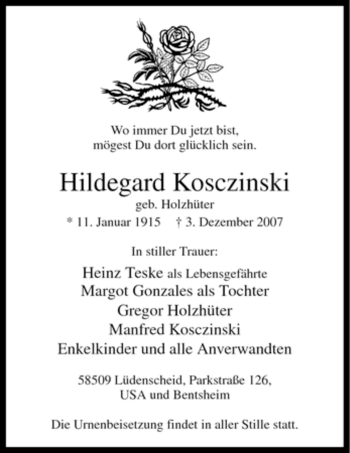 Traueranzeige von Hildegard Kosczinski