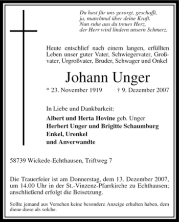 Traueranzeige von Johann Unger