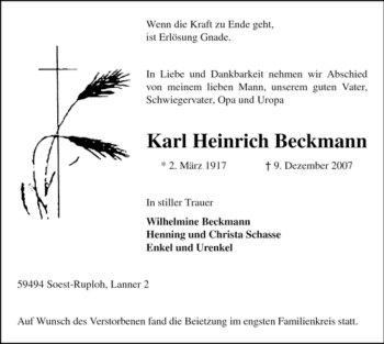 Traueranzeige von Karl Heinrich Beckmann