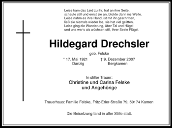 Traueranzeige von Hildegard Drechsler