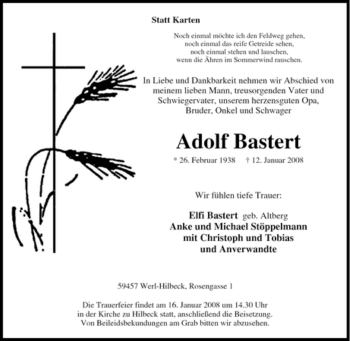 Traueranzeige von Adolf Bastert