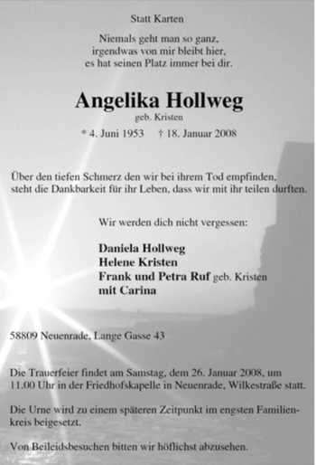 Traueranzeige von Angelika Hollweg