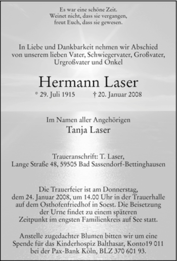 Traueranzeige von Hermann Laser