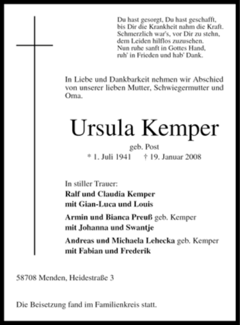 Traueranzeige von Ursula Kemper