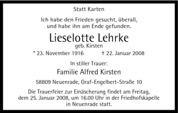 Traueranzeige von Lieselotte Lehrke