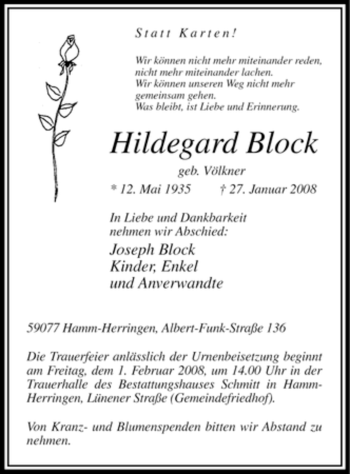 Traueranzeige von Hildegard Block
