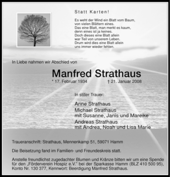 Traueranzeige von Manfred Strathaus