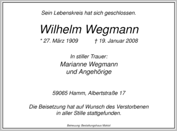 Traueranzeige von Wilhelm Wegmann
