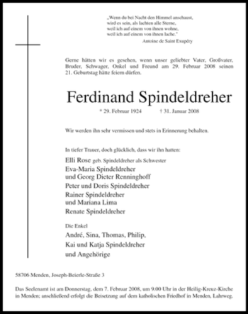 Traueranzeige von Ferdinand Spindeldreher